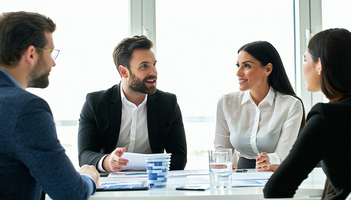 Real estate professionals discussing marketing strategies