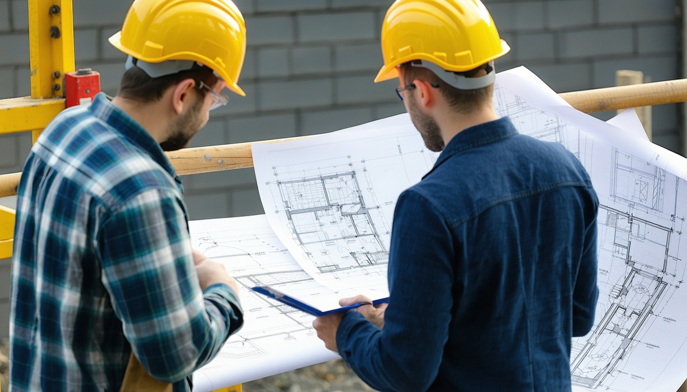 Builders and developers reviewing blueprints